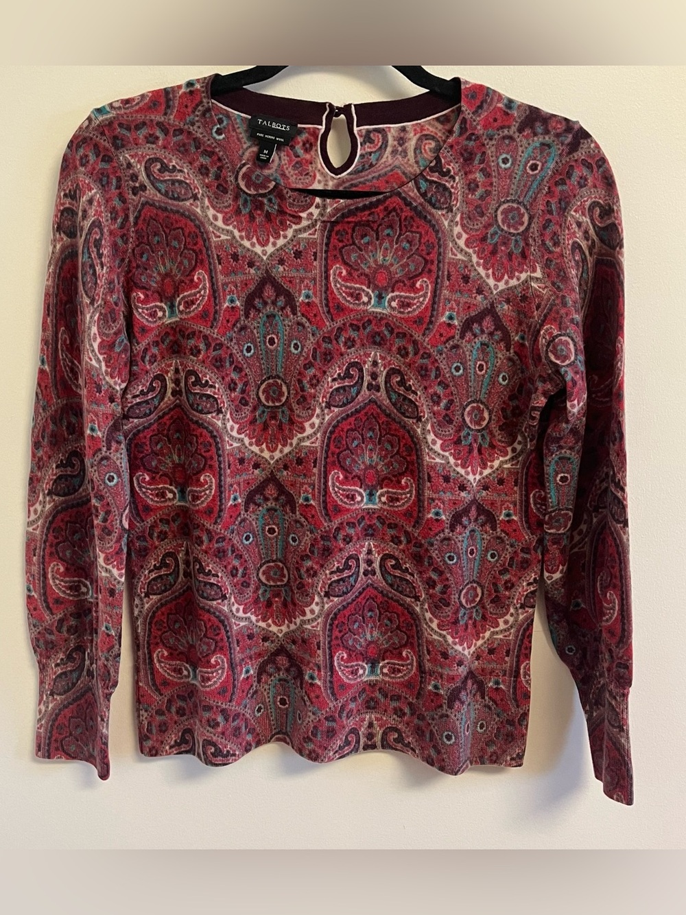 Talbots Top Medium
Merino Wool Paisley Knit Crewneck Keyhole Long Sleeve